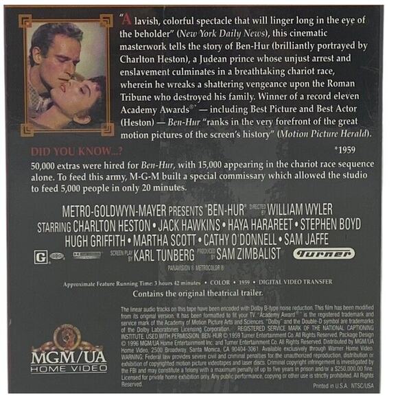 Charlton Heston - Ben-Hur Movie VHS 1996 2-Tape Set MGM Home Video 11 Oscars New - Picture 6 of 7